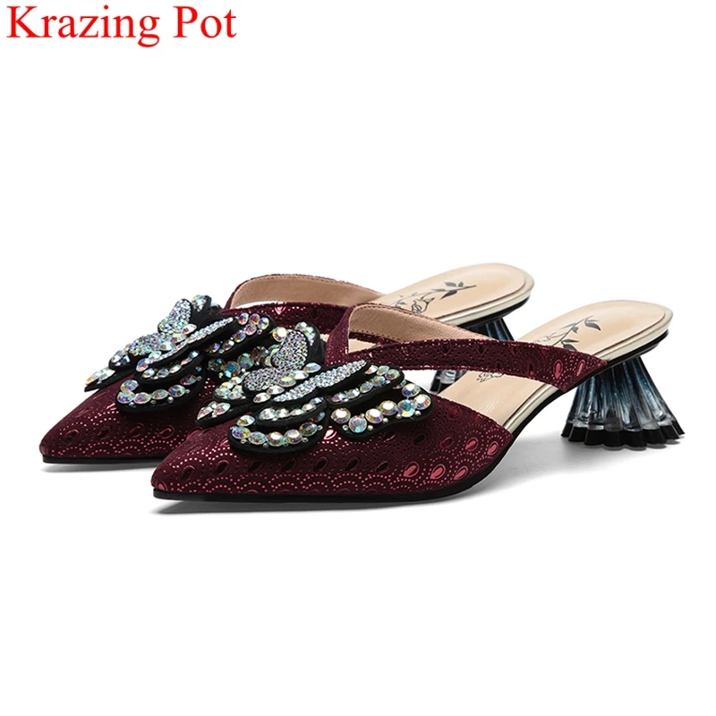 

brand pointed toe med heels crystal strange style women sandals butterfly superstar elegant slingback mules summer shoes L15