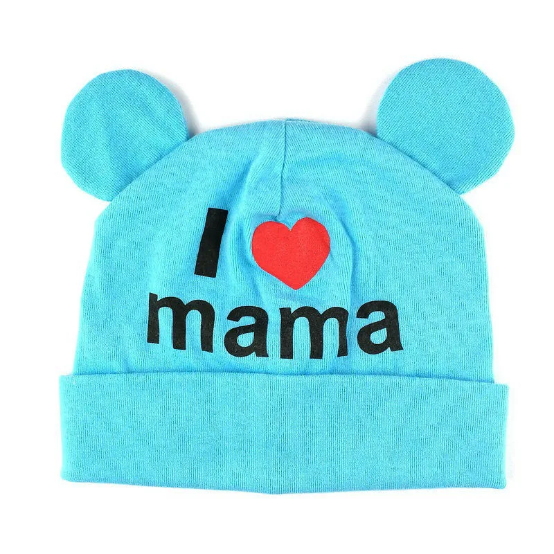 Beautiful I Love Mama Print Kids Beanie Blue