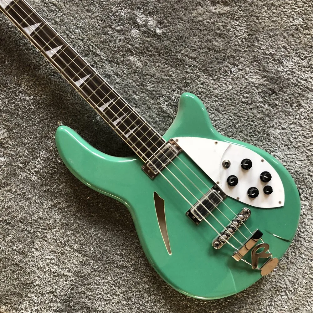 Kaiyun фабрика на заказ Высокое качество Rickenback 4 струны полуполые джазовый Электрический бас-гитара. Красивый зеленый СЕРФ