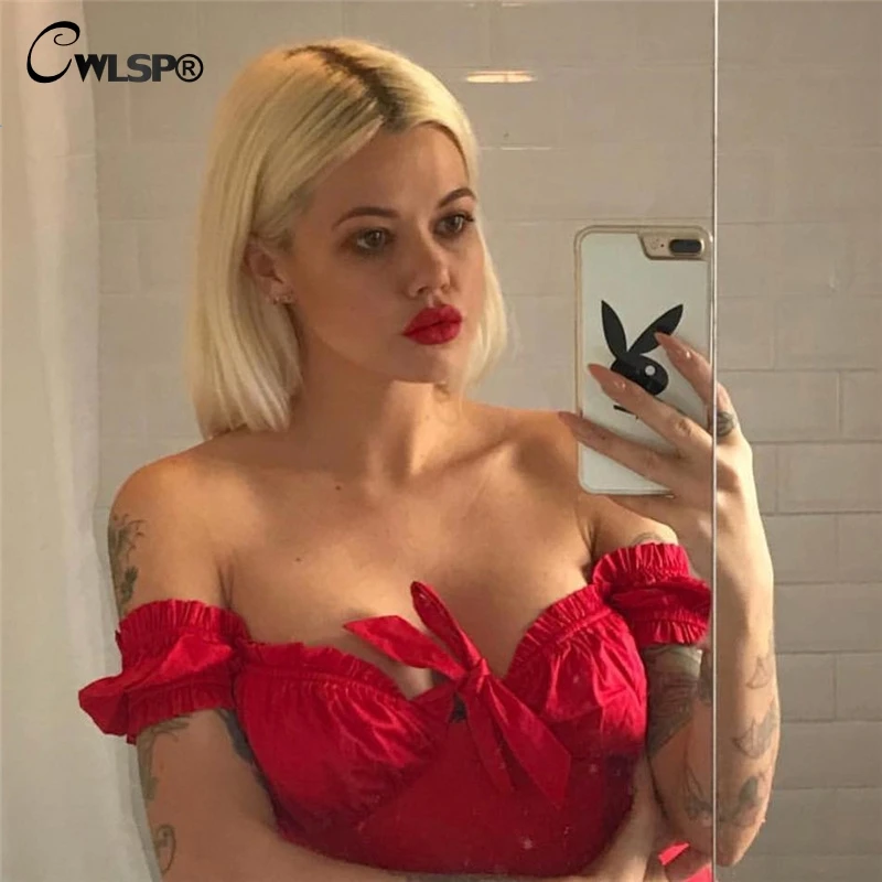 CWLSP Front Bow Tie T-Shirt Slash Neck Off the Shoulder Summer Tube Lettuce-Edge Crop Top Shirt Women T Shirt camiseta feminina