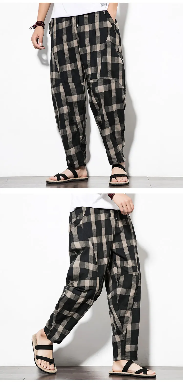 Sinicism магазин мужской уличной штаны-шаровары в клетку середины талии свободные отдых хип-хоп брюки шнурок Для мужчин Лен Harajuku брюки