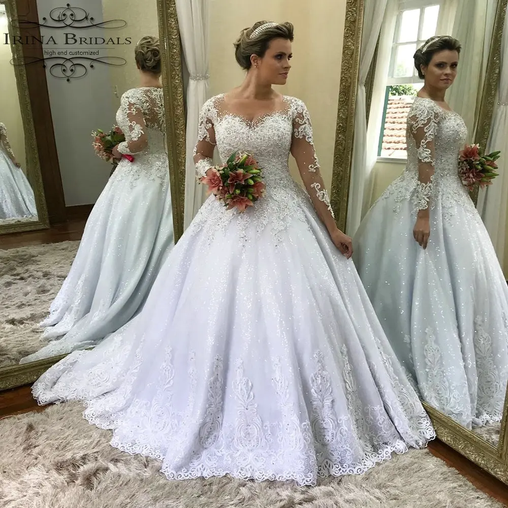 vestidos de noivas Long Sleeve Lace Applique Shiny Crystal Wedding Dress | Свадьбы и торжества