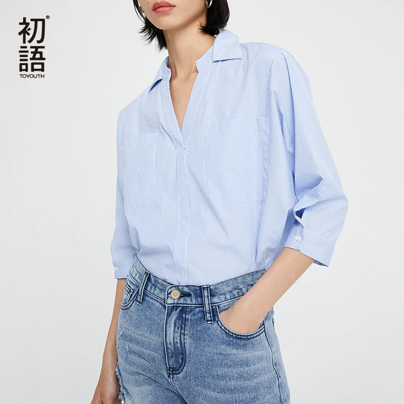 

Toyouth Women Irregular Hemline Striped Blouse Long Sleeve Blouse V-neck Shirts Casual Tops Blouse et Chemisier Femme