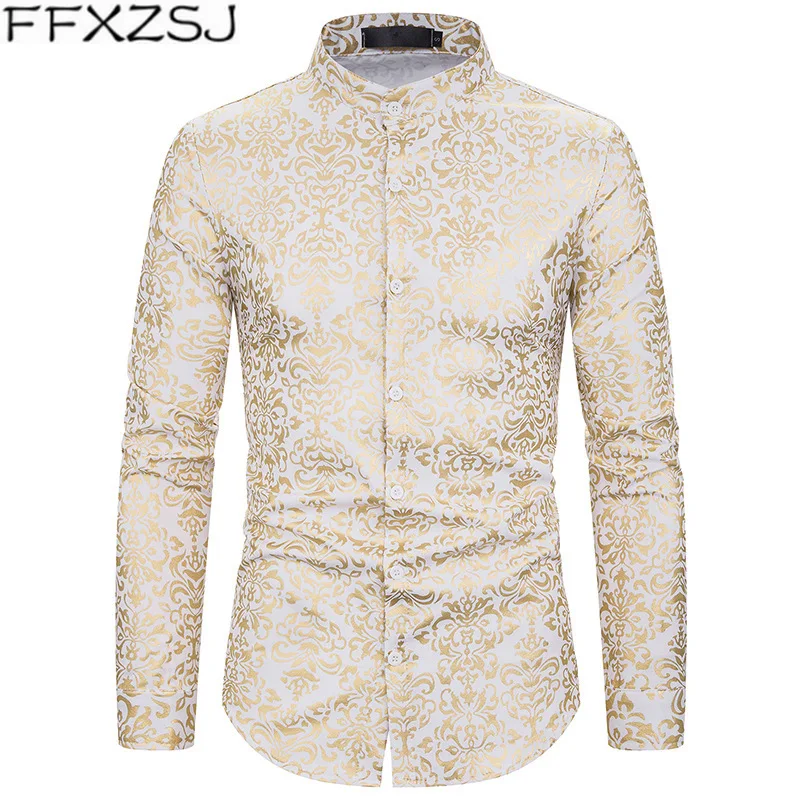 Shiny Gold Floral Print Mens Shirts Casual Slim Fit Long Sleeve Mandarin Collar Shirt Men Club Party Bronzing White Shirt Camisa