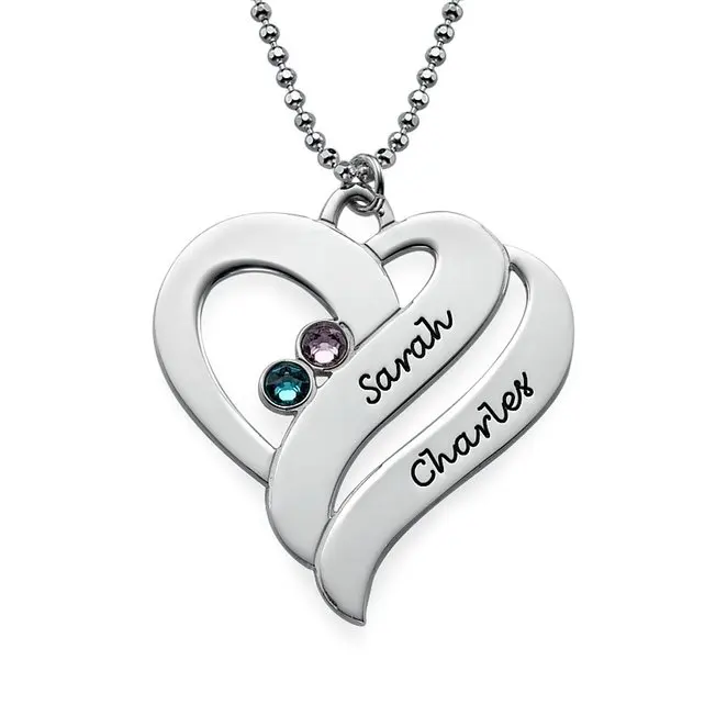 

Two Hearts Forever Couple Necklace with Birthstones High Quality Birthstones Long Necklaces Custom Made Any Name YP2500
