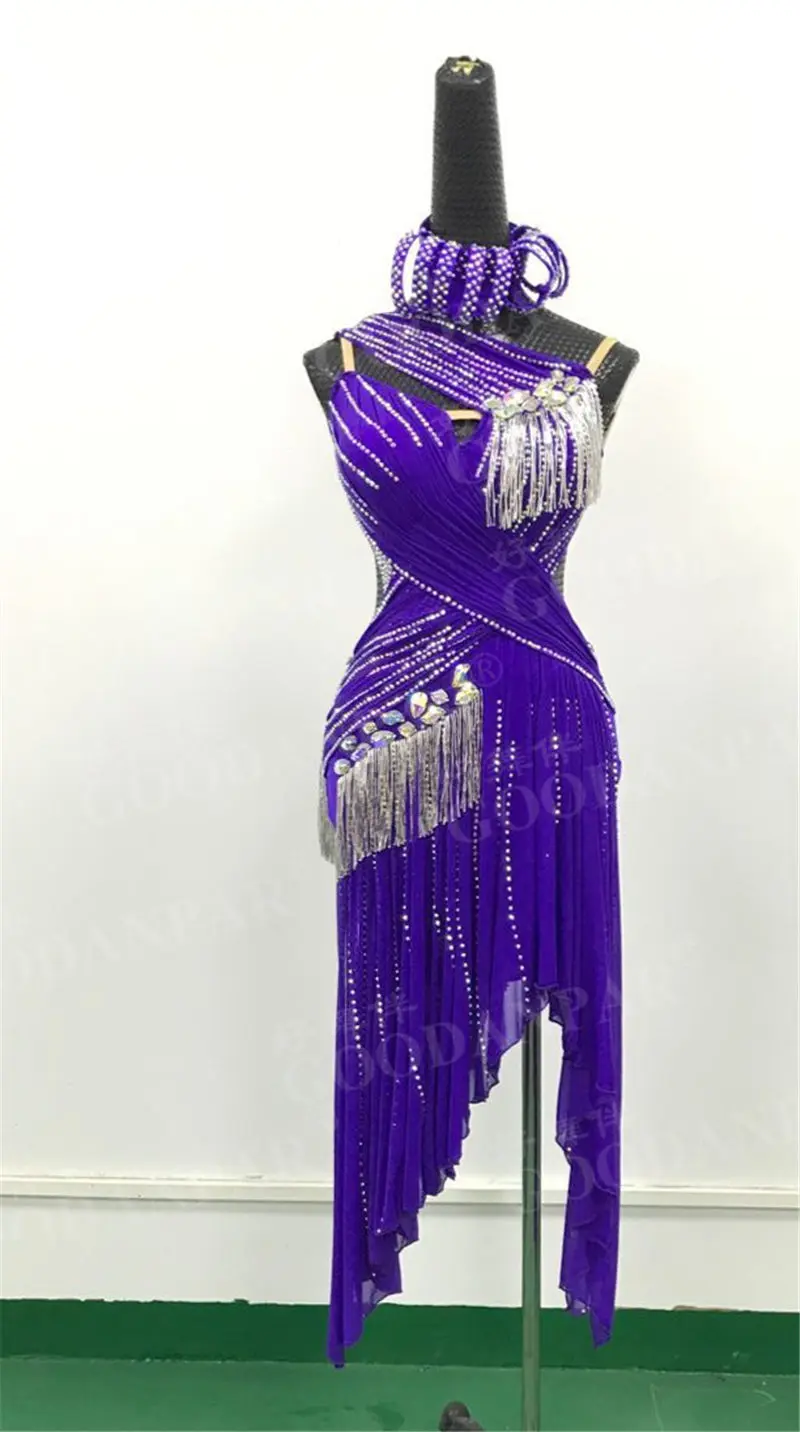 

GOODANPAR Women Sleeveless Sexy Lycra Bead Tube Latin Dance Competition Dresses Rumba Salsa Standard Costume With Bra Leotard