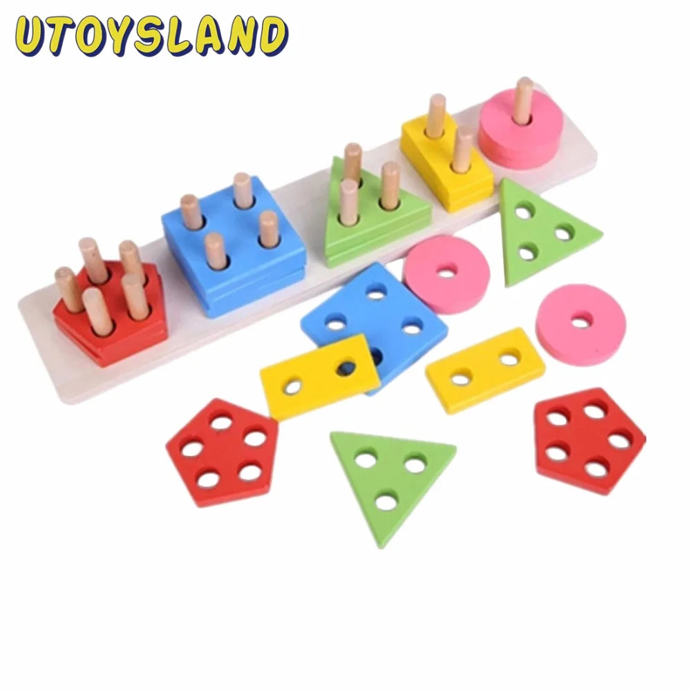 UTOYSLAND Geometric Shape Sorting Board Wooden Stacking with 5 Columns