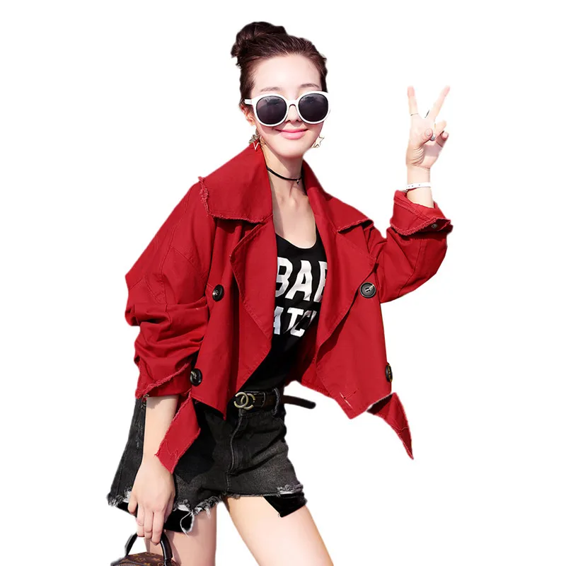 

Women Denim Jacket 2019 New Spring Autumn Red Loose Short Outerwear Casual Cowgirl Jacket Lapel Double Breasted Women Coat JIA19