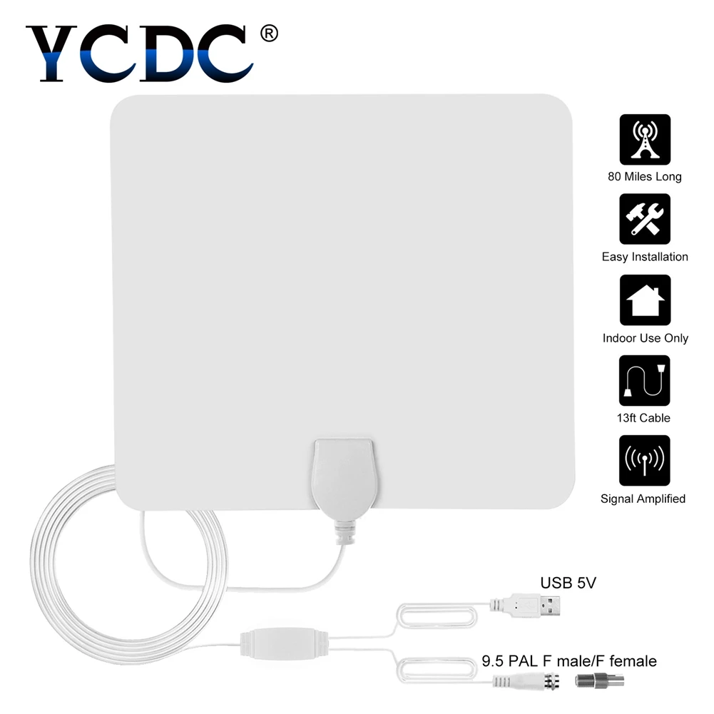 YCDC белый диапазон до 80 милей цифровой ТВ Антенна Усилитель сигнала Усилитель плоский с высоким коэффициентом усиления усиленная телевизионная антена с HD внутренние тв антенны