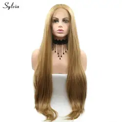 Sylvia термостойкие природных прямые длинные синтетический волос золото блондинка Цвет ручной работы Синтетические волосы на кружеве парики