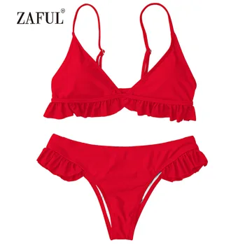 

ZAFUL Bikini Frilled Padded Plunge Bikini Set Swimwear Women Swimsuit Sexy Low Waist Ruffled Cami Bathing Suit Brazilian Biquni