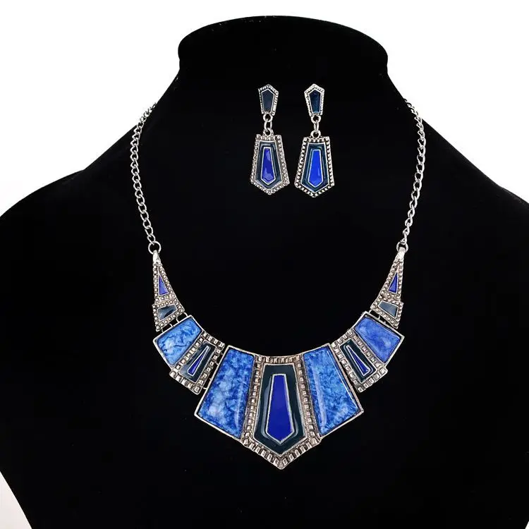 

Hot Bohemian Blue Imitation Stone Resin Drop Necklace Earrings Set Ethnic Style Women Geometric Jewelry Set