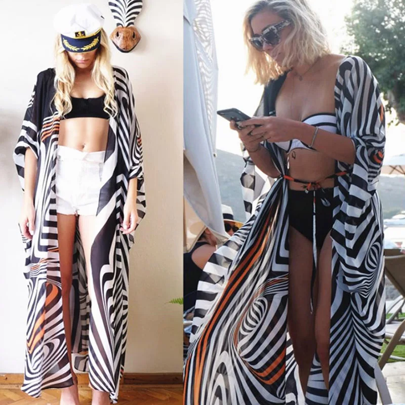 

2019 Chiffon Bikini Cover-ups Swimsuit Striped Tunic Bathing Suit Cover Ups Print Beach Tunic Saida de Praia Beach Wear
