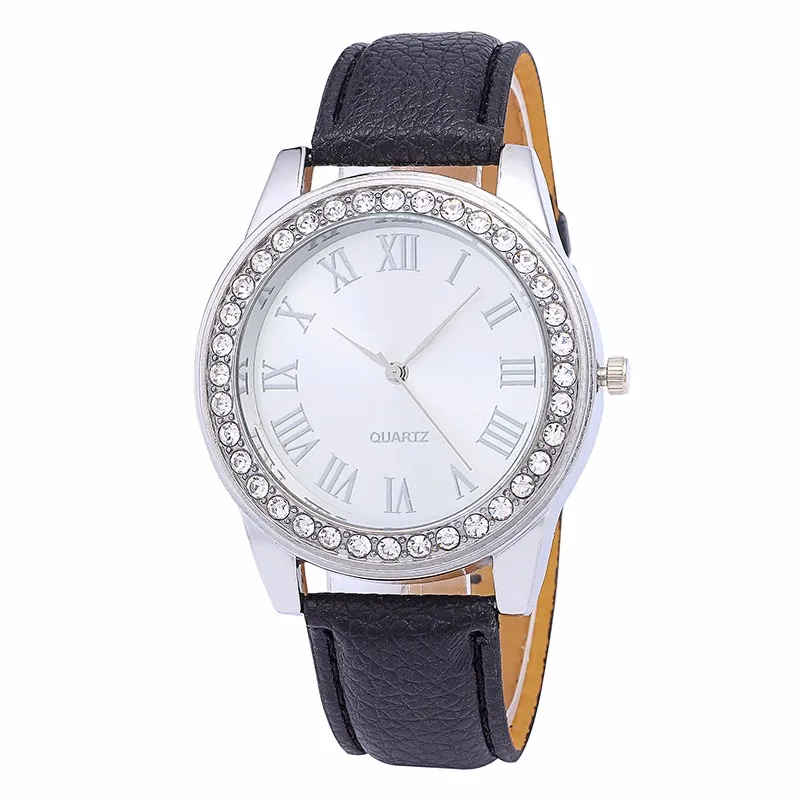Новые модные женские часы с кожаным ремешком для женщин роскошные фирменные часы для девушек из нержавеющей стали, с украшением в виде кристаллов Циферблат Браслет кварцевые женские часы