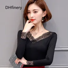 DHfinery Кружевная футболка женская весна осень длинный рукав низкий v-образный вырез Цветочная вышивка футболка леди дикие черные элегантные топы F325