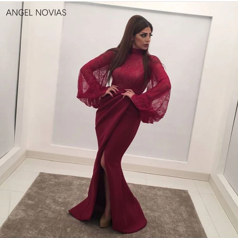 

Long Sleeves High Neck Burgundy Mermaid Evening Dress 2020 Saudi Arabia Dubai Moroccan Sexy Formal Prom Party Gowns