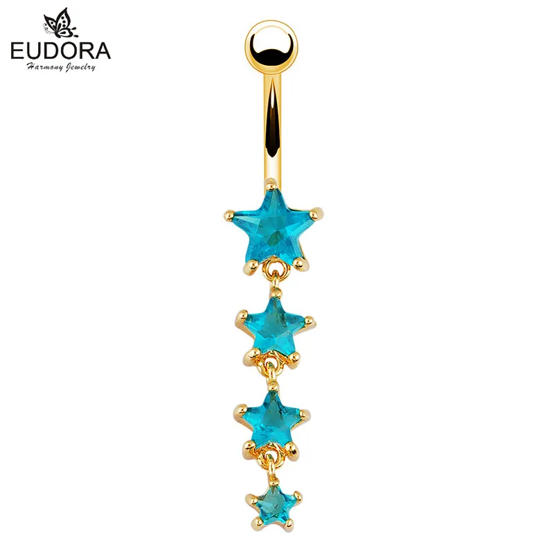 Long Dangle Sexy Belly Button Ring Blue Rhinestone Navel Piercing Ring Belly Barbell Bijoux