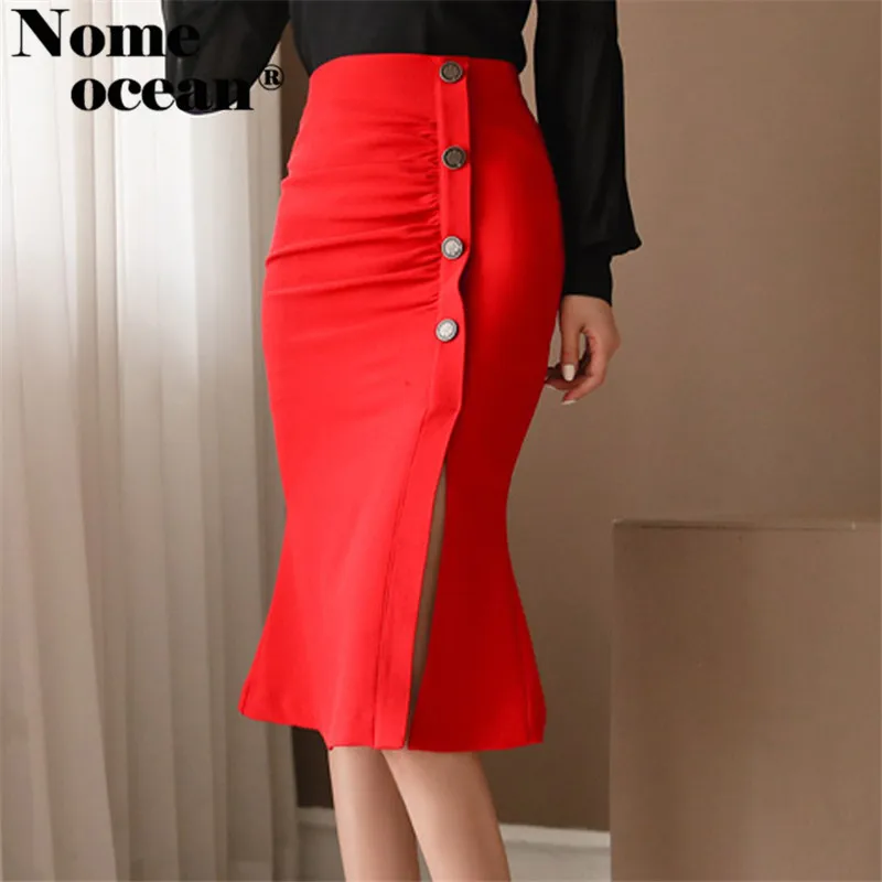 

High Slit Button Women's Midi Skirts High Waist Empire Female Mermaid Skirts of Girls 2018 Autumn and Winter Skirt M18120911