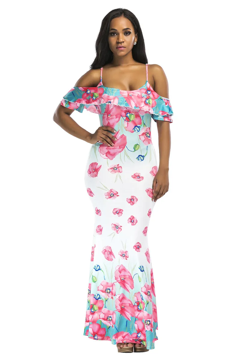 2019 New Ruffles Maxi Dress Floral Print Sexy Straped Off Shoulder Evening Party Clubwear Backless Spaghetti Strap Beach Dress (1)