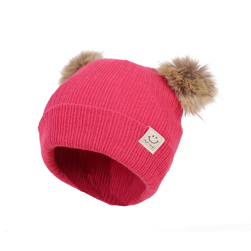 Детская вязаная шапка с двойным помпоном для маленьких девочек, детские шапки из искусственного меха со смайликом, зимняя детская шапка, детская шапка - Цвет: Розово-красный