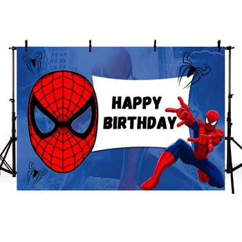 

MEHOFOTO Superhero Spiderman Mask Blue Backdrop for Photo Studio Customize Boys Happy Birthday Photography Backgrounds 7X5FT