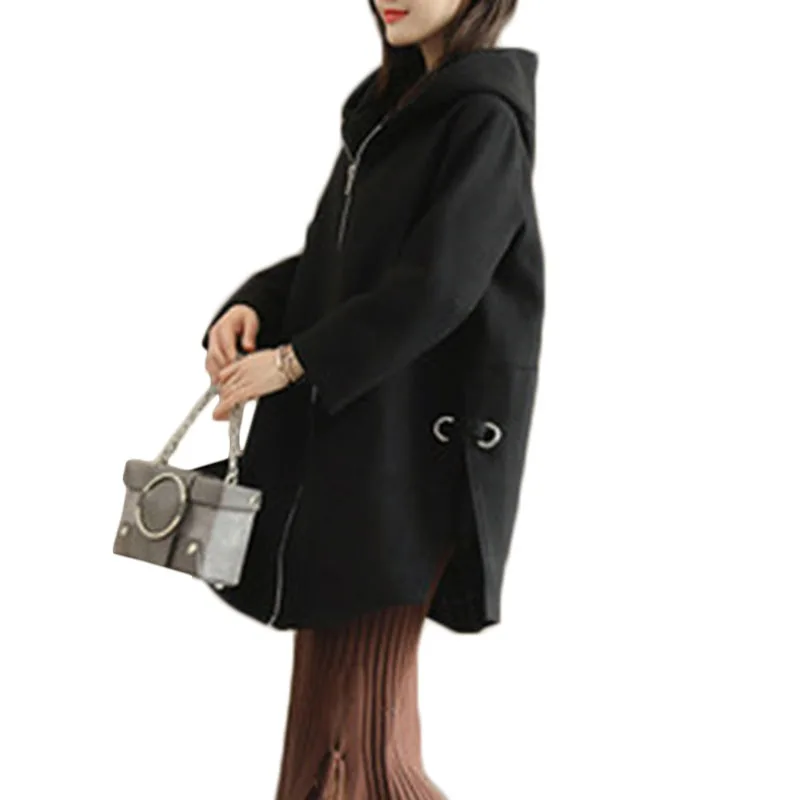 Осенне-зимнее корейское шерстяное пальто для женщин, свободная длинная повседневная куртка, пальто для женщин, прямой карамельный цвет, верхняя одежда с капюшоном, A363 - Цвет: black
