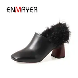 ENMAYER/женские ботильоны на среднем каблуке, женская обувь, размер 34-41, квадратный носок, толстый каблук, коровья кожа, повседневная обувь