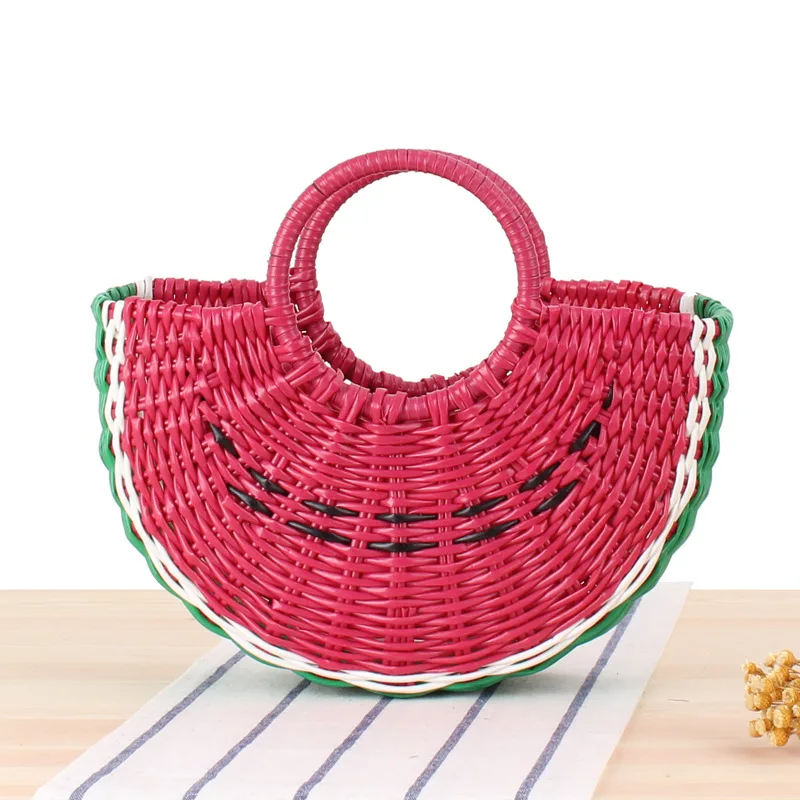 Пляжная сумка с фруктами в форме арбуза, Плетеная соломенная сумка из АБС-пластика, деревянные сумки с верхней ручкой, женские круглые соломенные сумки в форме Луны, сумки в виде d - Цвет: Red