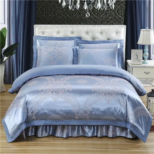 4Pcs Tribute and jacquard cotton bed skirt Bedding set Queen size soft