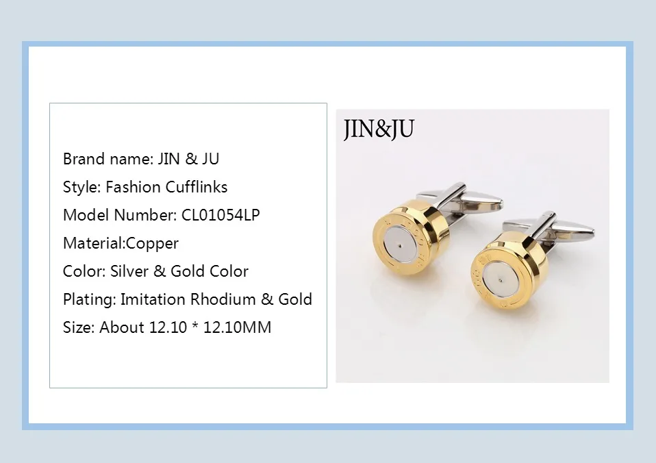 JIN& JU продвижение Пуля дизайн запонки для Mes Новая мода позолоченный стиль Пуля лучший подарок для мужчин