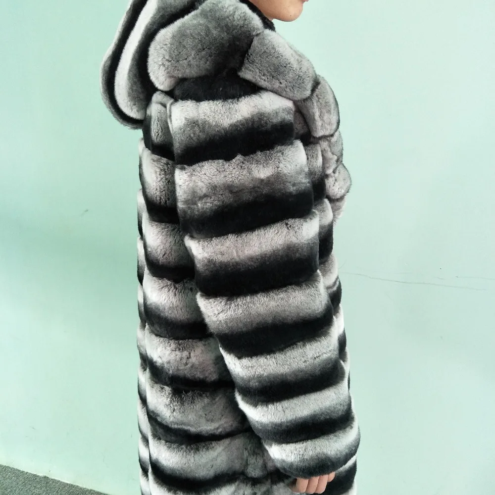 140 см х-длинная настоящая Шиншилла Шуба из кролика Рекс для женщин с большим серебряным меховым воротником с капюшоном теплые плотные пальто размера плюс