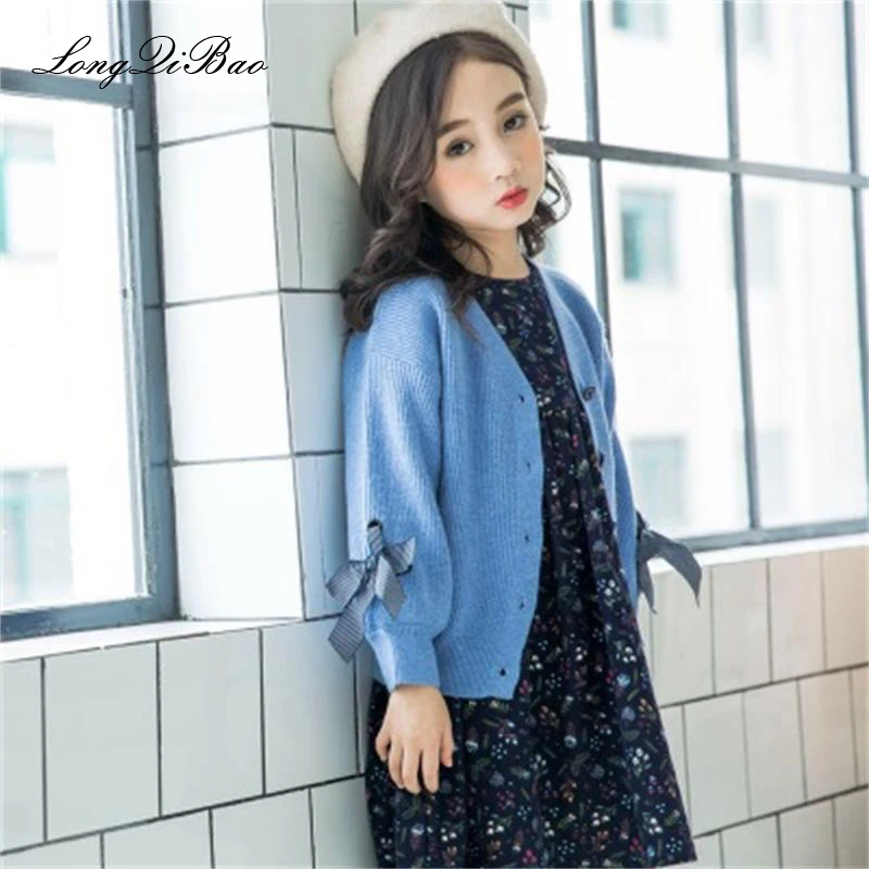 

High quality 2018 autumn new fashion girls tie sweater middle child long sleeve sweater solid color wild cardigan coat