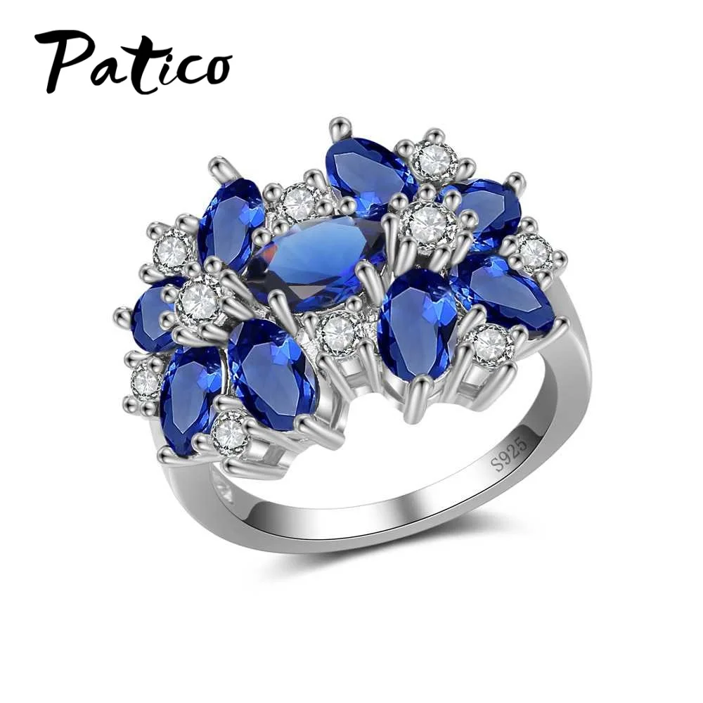 

PATICO New Unique Style Oval Cut Multicolor Dark Blue Petal CZ 925 Sterling Silver Color Ring Size 6 7 8 9 Luxury Women Jewelry