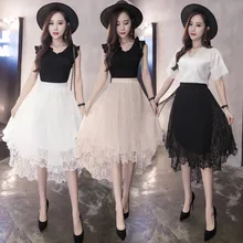 Новая Женская весенне-летняя кружевная юбка с тюлем, высокая талия, миди-юбка из шифона, Свободные повседневные длинные юбки, полые сетчатые юбки для женщин