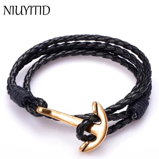 Niuyitid Gold Anchor Accessories Men Bracelet Black Pu Leather Niuyitid Gold Anchor Accessories Men Bracelet Black Pu Leather Jewelry Fashion Man For Wristband Male