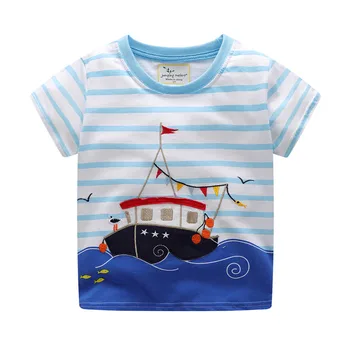 

Jumping meters applique kids boys cotton T shirts striped summer children clothes embroidery printed models boy baby tops tees