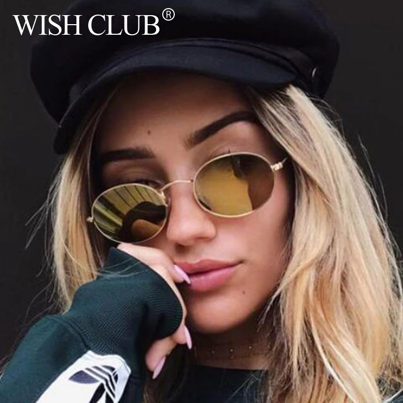 

WISH CLUB Cute Retro Oval Sunglasses Ladies Brand Small Gold Black Sun Glasses Women Round Eyewear Female Metal oculos UV400