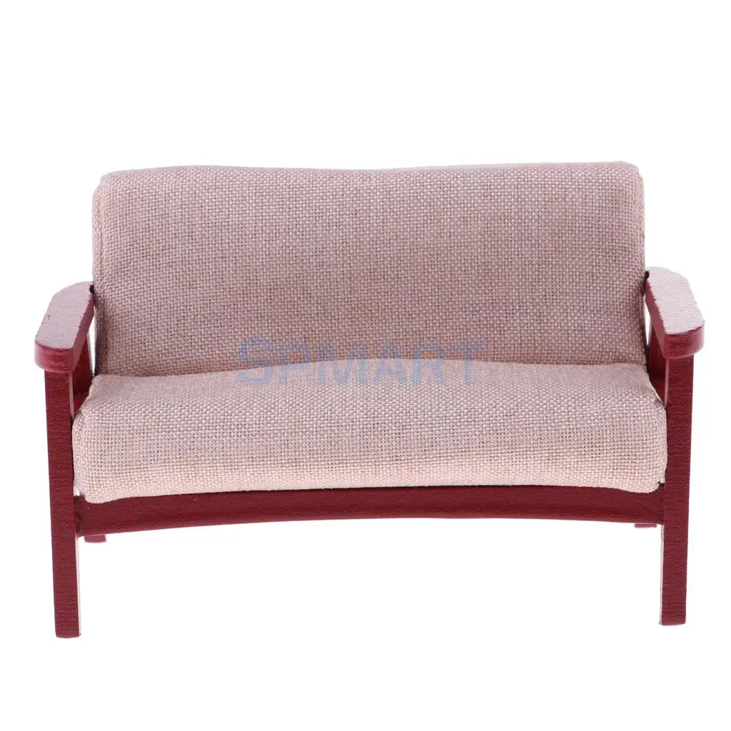 1:12 Scale Dollhouse Miniature Wooden Double Sofa Couch Living Room Bedroom Furniture Decoration Dolls Accessory Model Toy