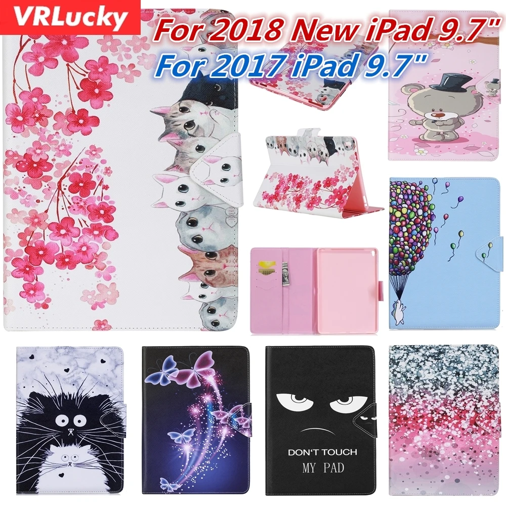 

VRLucky For iPad 2018 2017 9.7 inch Case Fashion Cute Cat Bear Butterfly Patterns Flip and Stand PU Leather Cover Case