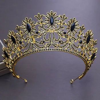 

Golden Bride Wedding Crown Vintage Black Rhinestone Tiaras Women Party Head Ornaments Headwear Bridal Crystal Headpiece CR145