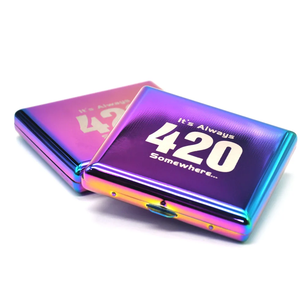 "420" Pattern Ice Rainbow Color Metal Cigarette Case(90x80MM) Hold 20 Regular Size Cigarettes(85mm*8mm) With 2 Clips