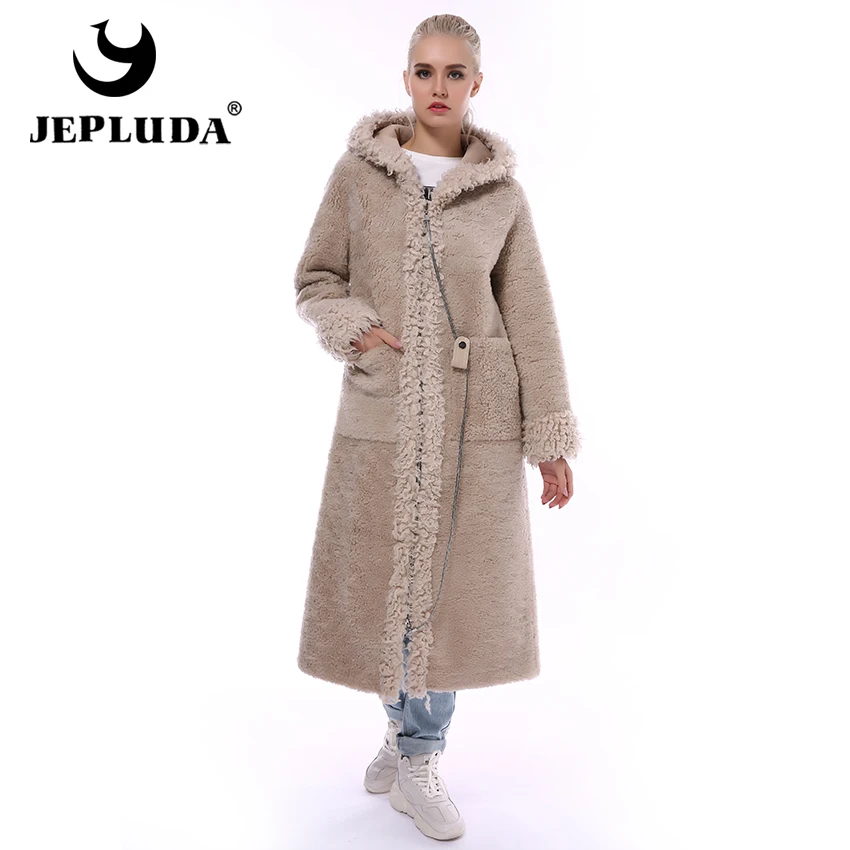 JEPLUDA 100% Натуральный Шерсть Пальто Женское Зимнее с Капюшон Молния Длинная