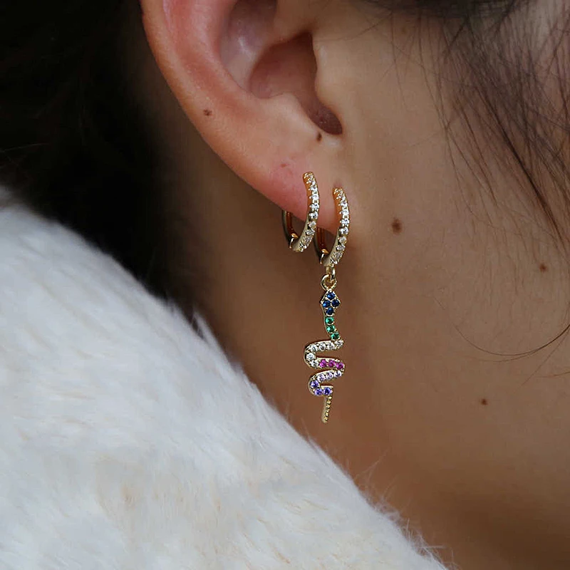

2019 Fashion Rainbow Multicolor CZ Pave Snake Drop Earrings for Women Gold Color Bohemian Long Hanging Earring Jewelry O5M325