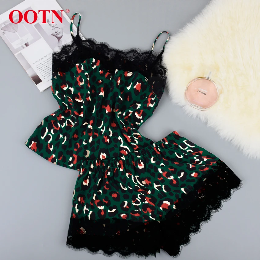 

OOTN Vintage Leopard Print Women Sleepwear Summer Home Clothes Sexy Ladies Casual Lingerie Camis Lace Shorts Nightgown Pajamas