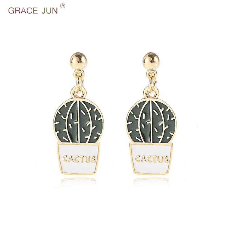 

GRACE JUN New Fashion Cactus Bonsai Shape Clip on Earrings and Gold Color Drop Pierced Earrings Charm Earrings Factory Wholesale