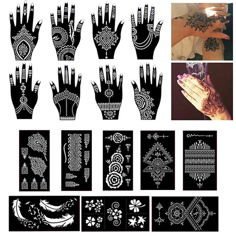 16 листов, хна, трафарет для татуировки с блеском, временные Черные, мехнди, индийские, арабские, самоклеющиеся шаблоны для рисования