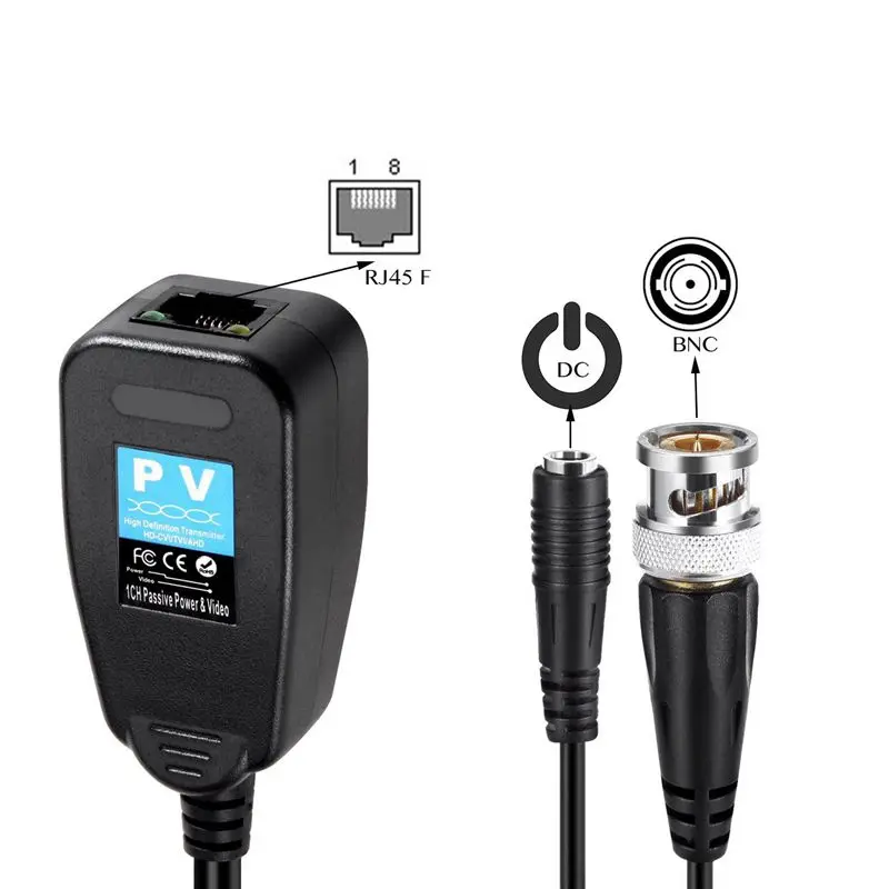  1 Pair HD-CVI/TVI/AHD Passive Video Balun con Connettore di Alimentazione e RJ45 CAT5 Trasmettitore