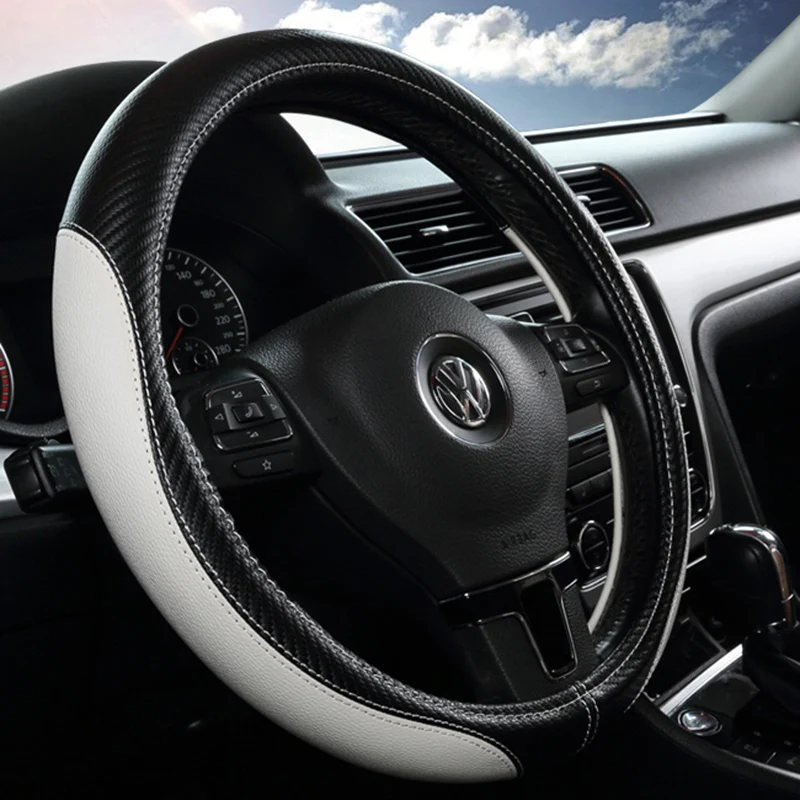 

KKYSYELVA Steering-Wheel Black Car Sport Steering Wheel Cover Leather Steering Covers Universal 38CM wheel cover