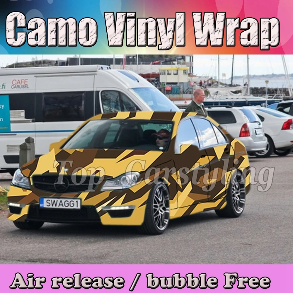 Coffee & Yellow & Black Camo Car Wrapping film Camouflage Car Styling