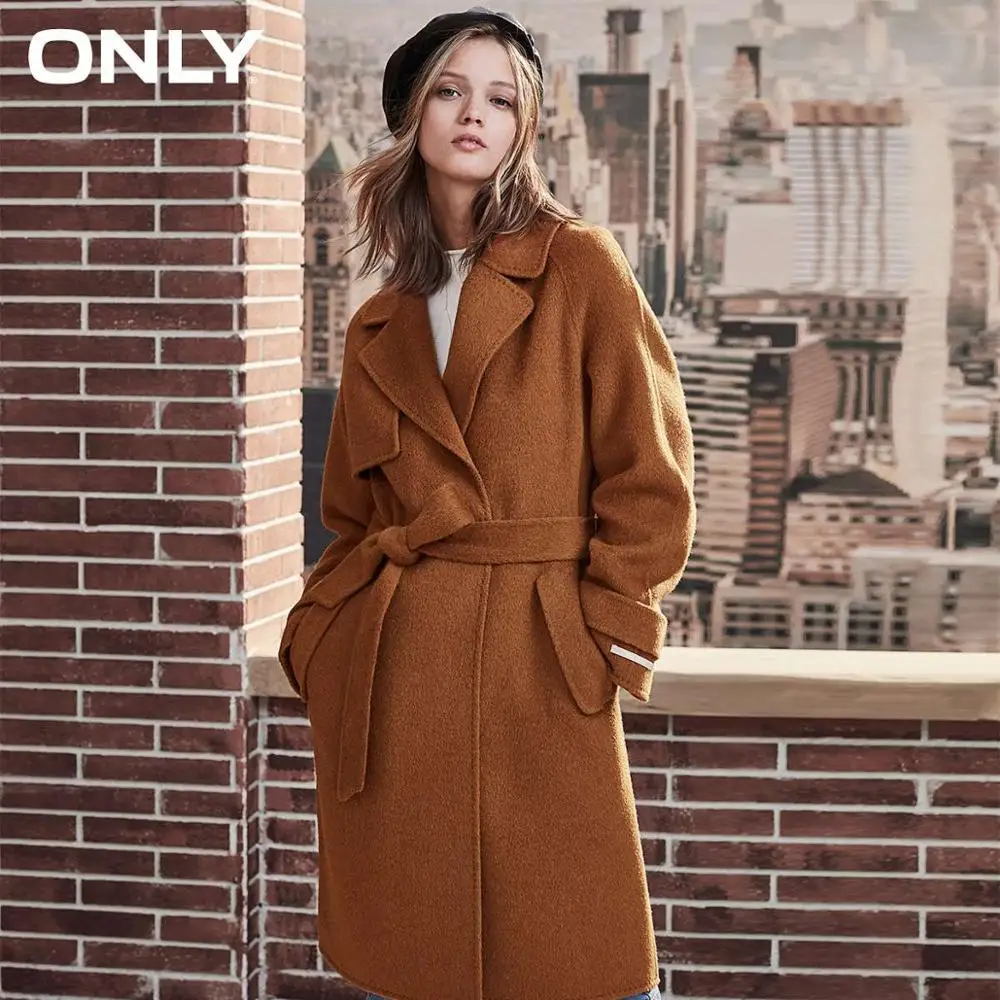 

ONLY womens' winter new wool long coat with woolen coat Side pocke Tie-up belt|11834S529